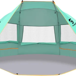 Beach Tent 3 Person Sun Shelter UPF 50+ with Extended Waterproof Floor & 3 Mesh Roll Up Windows