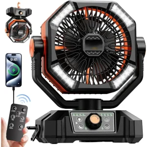 Battery Powered Camping Fan with 4 LED Lantern, 8 Speeds with Remote
